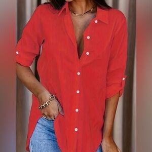 Red Button-Down Shirt for Women - Classic Collared Top